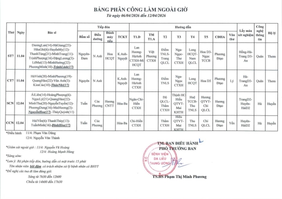 Lịch ngoài giờ từ 30/3 đến 12/4/2026