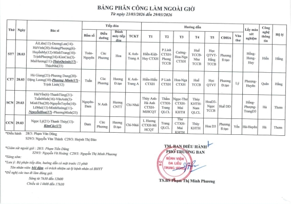 Lịch ngoài giờ từ ngày 16/3 đến 29/3/2026