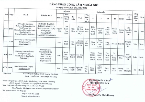 Lịch ngoài giờ từ 27/4 đến 3/5/2026