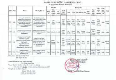Lịch ngoài giờ từ 1/6 đến 28/6/2026
