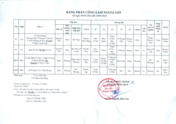 Lịch ngoài giờ từ 02/03 đến 15/03/2026