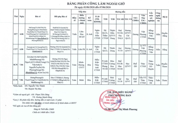Lịch ngoài giờ từ 1/6 đến 28/6/2026